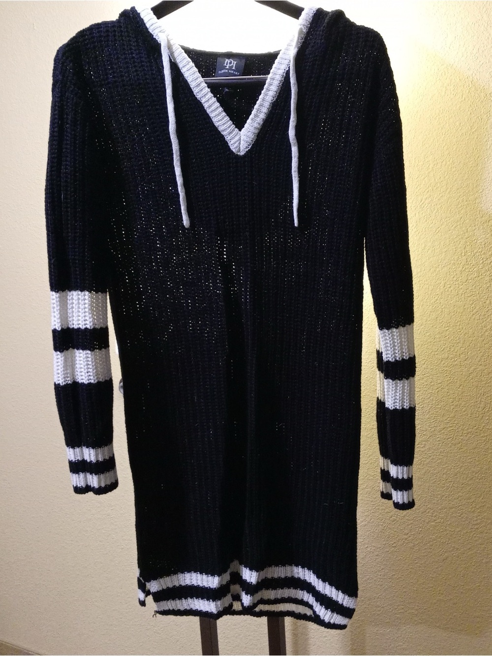 Derek Heart Black Knit Long-Sleeve Hooded Dress with White Stripe Trim